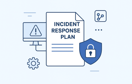 Piano di gestione incidenti NIS2: documento IRP minimal con icone di sicurezza e monitor di allerta.