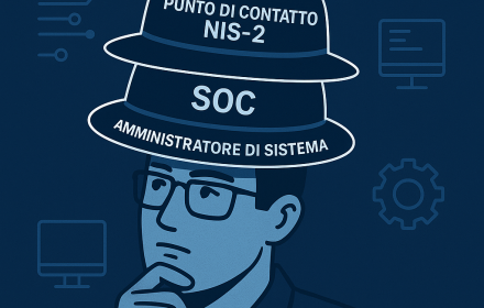 Illustrazione vettoriale di un operatore cyber che sceglie tra più cappelli di ruolo, inclusi Referente CSIRT, Punto di contatto NIS2, CISO, SOC e amministratore di sistema.