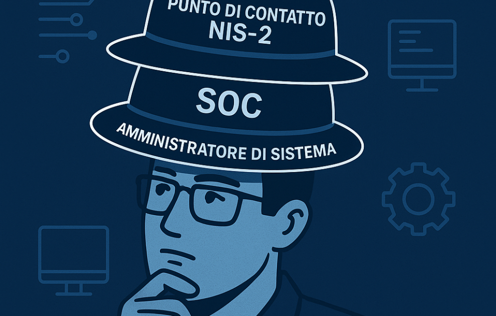 Illustrazione vettoriale di un operatore cyber che sceglie tra più cappelli di ruolo, inclusi Referente CSIRT, Punto di contatto NIS2, CISO, SOC e amministratore di sistema.